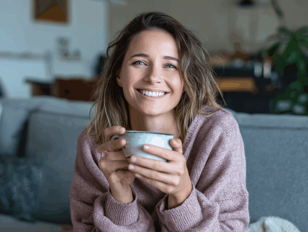 A happy woman relaxing and drinking Java Junction coffee