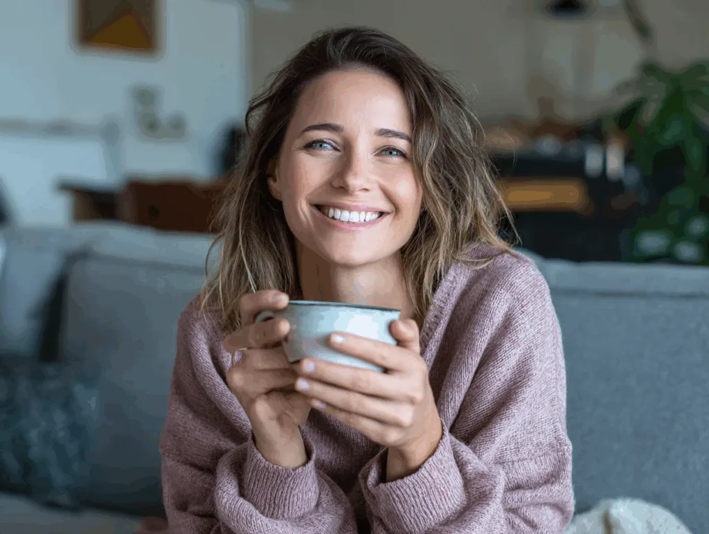 A happy woman relaxing and drinking Java Junction coffee