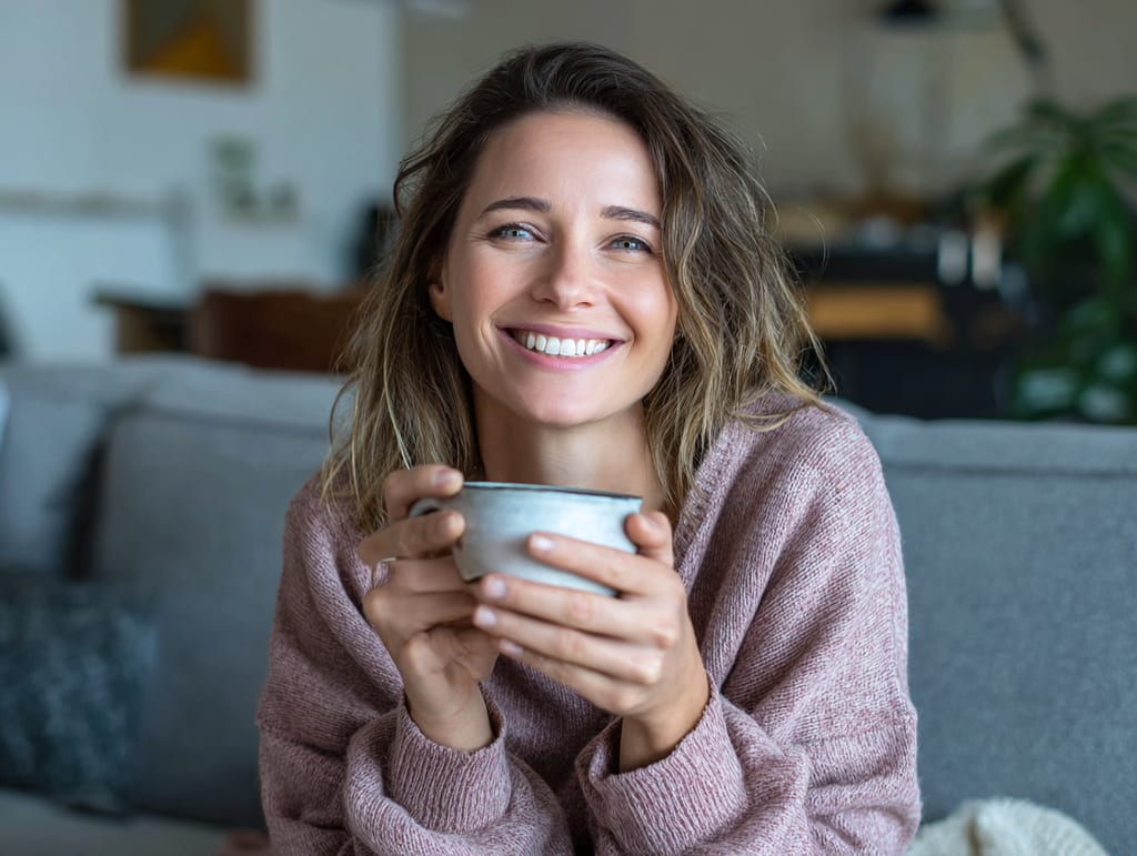 A happy woman relaxing and drinking Java Junction coffee